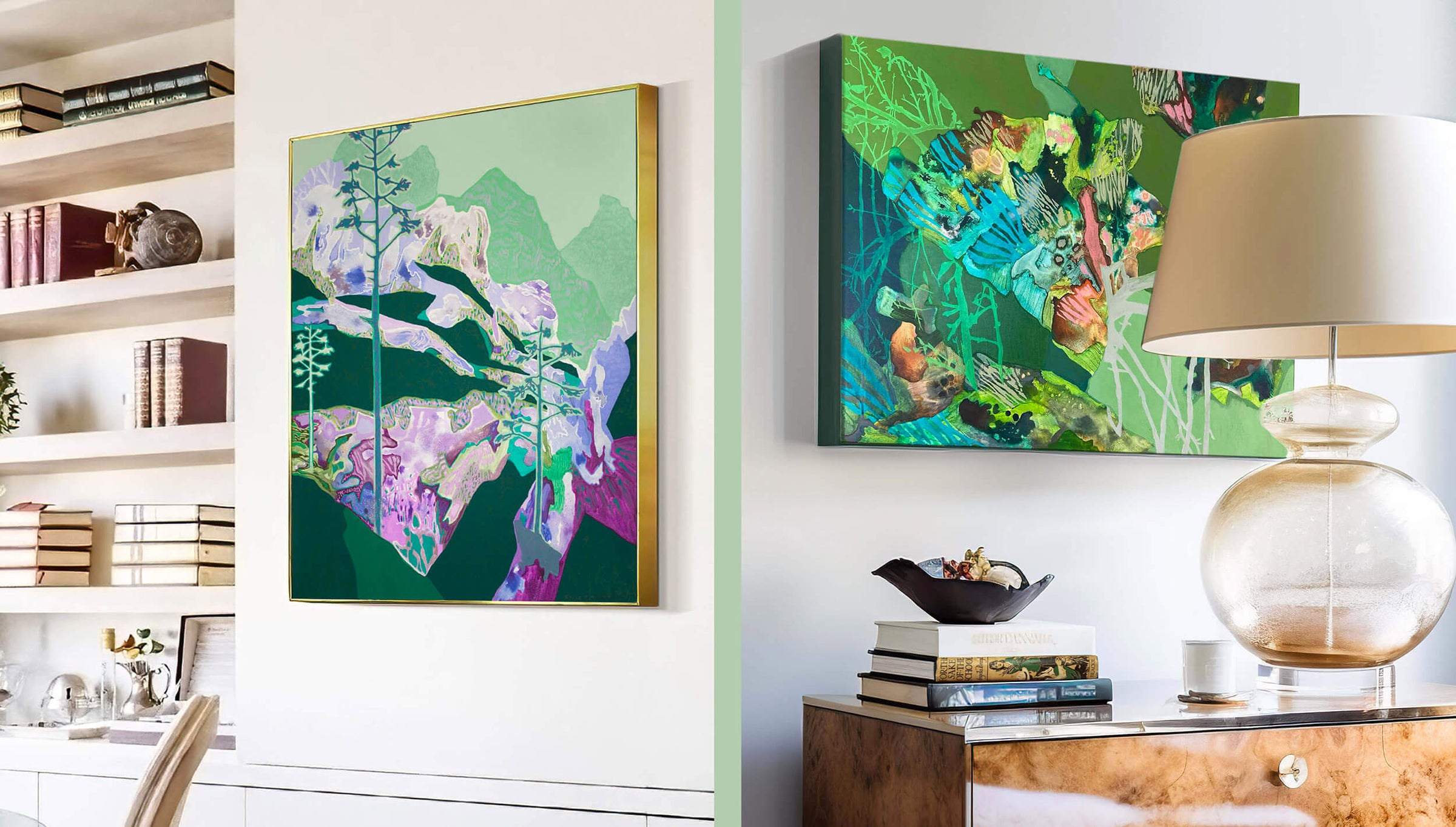 high-end interior design living room with art by Elise Thomason