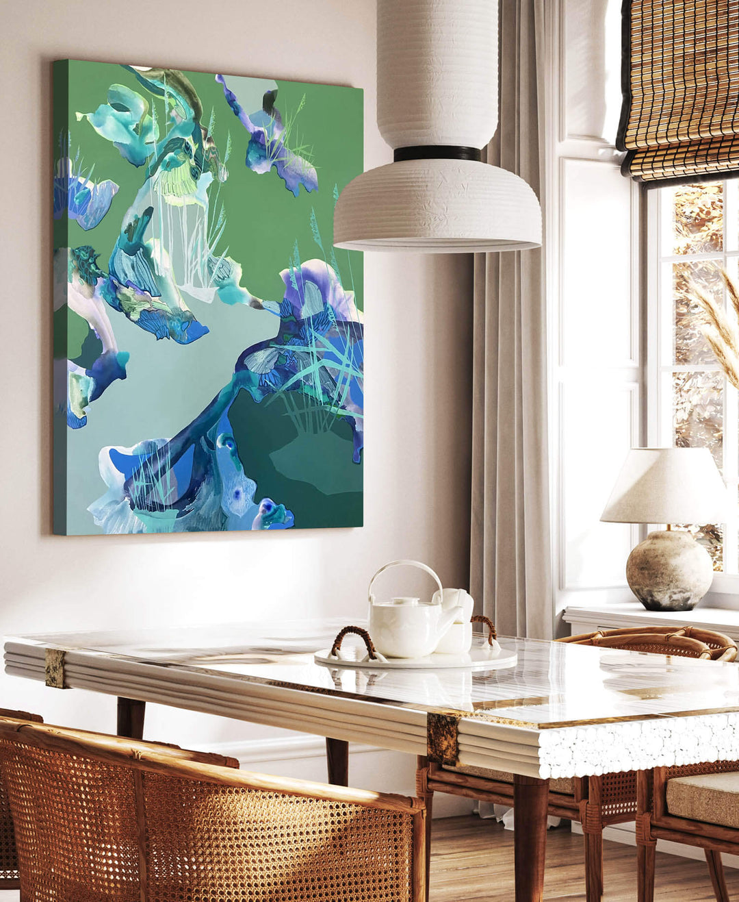 abstract coastal art in dining room scene