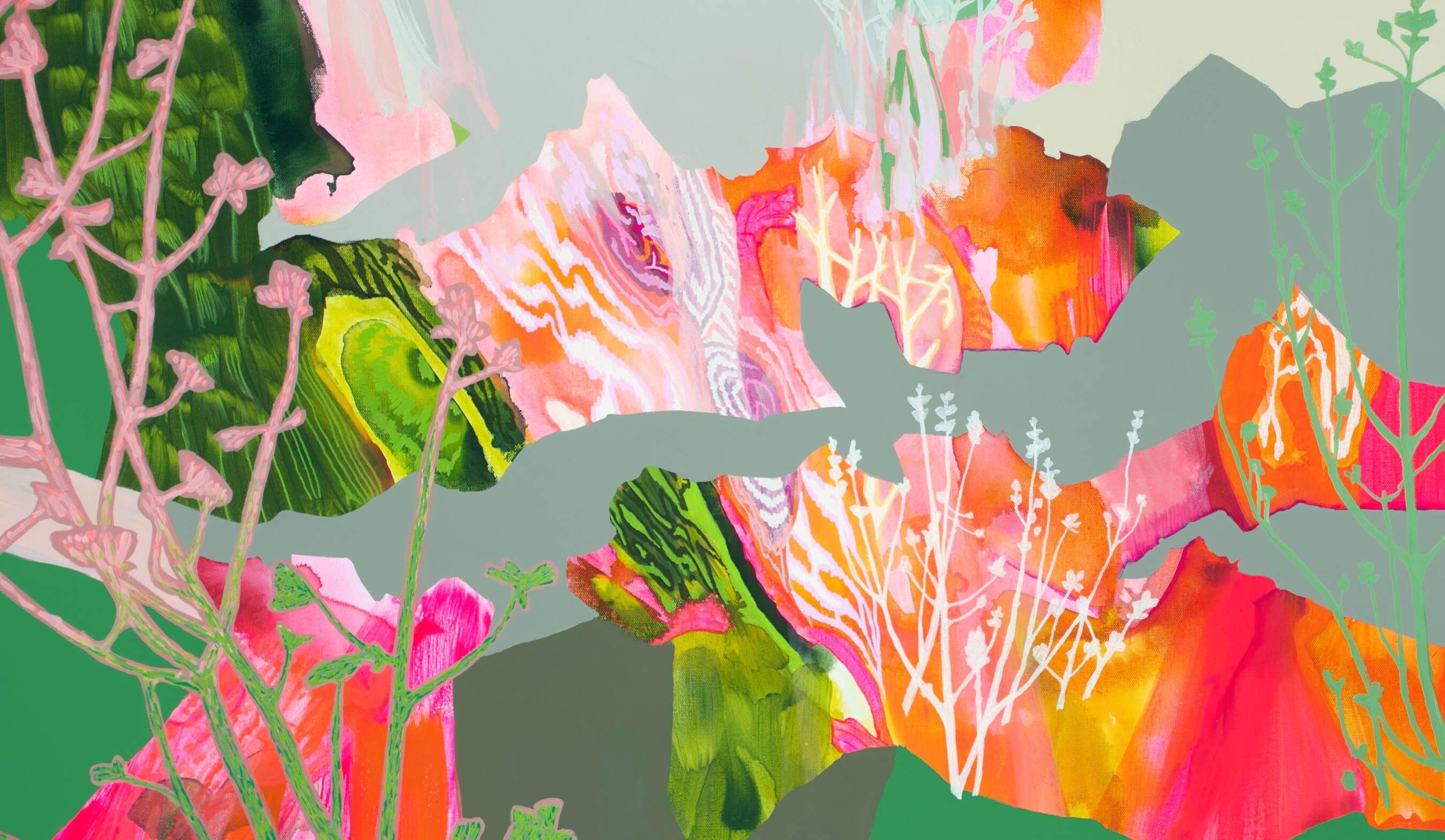 contemporary landscape painting close-up in vivid pink, orange, green, and gray