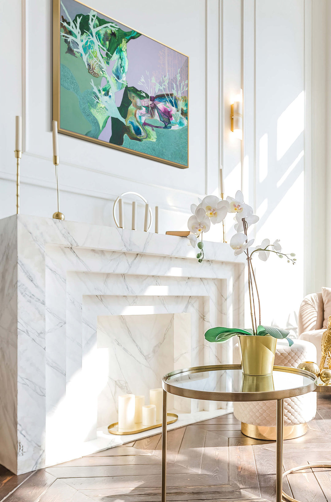 light green and lavender abstract landscape over modern marble fireplace