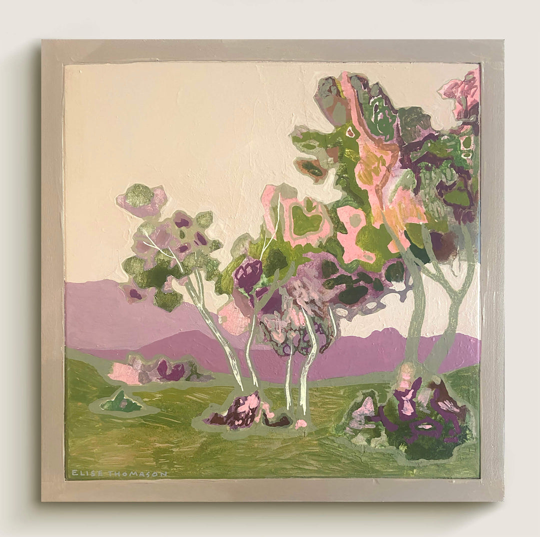 modern landscape painting in peach, purple, and green