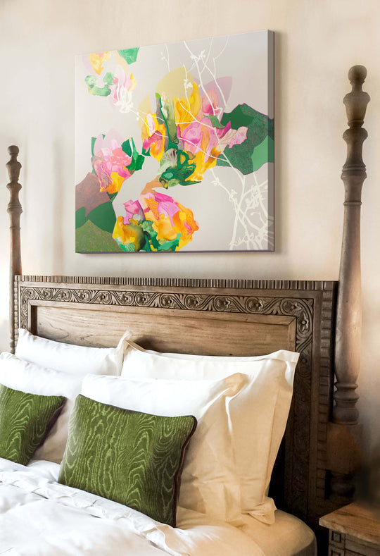 colorful abstract painting over 4-post bed