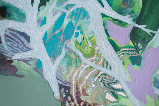 detail of light green and lavender abstract landscape