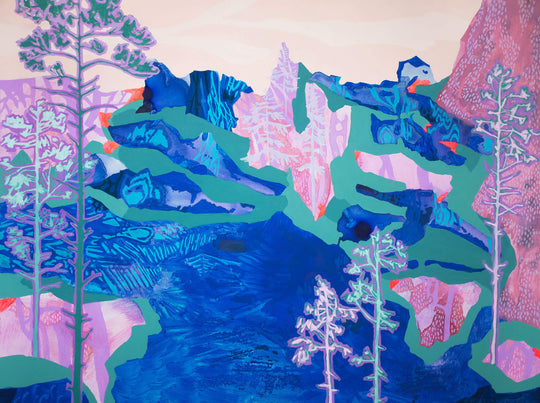 abstract mountain art in blue and pink