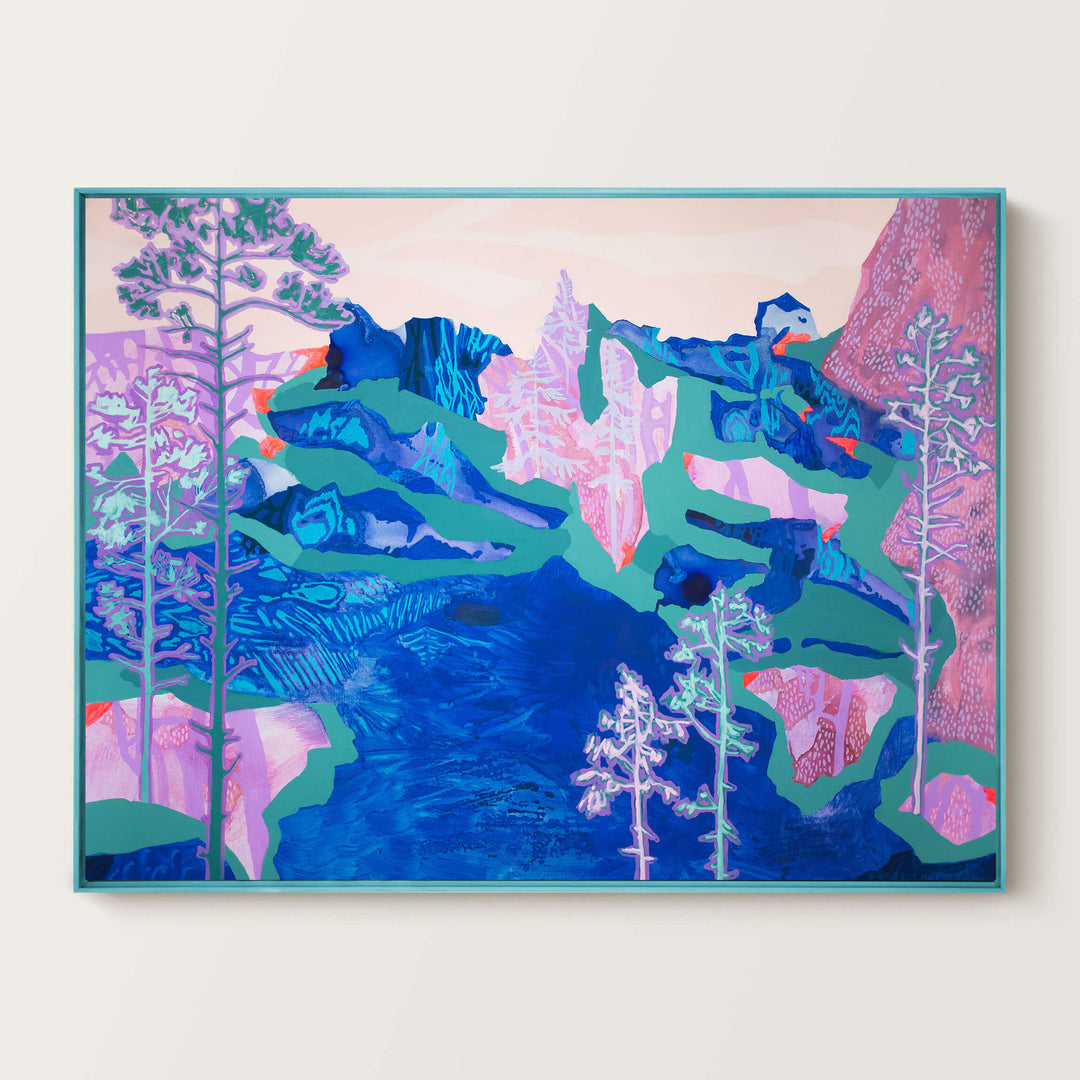 framed blue abstract mountain artwork