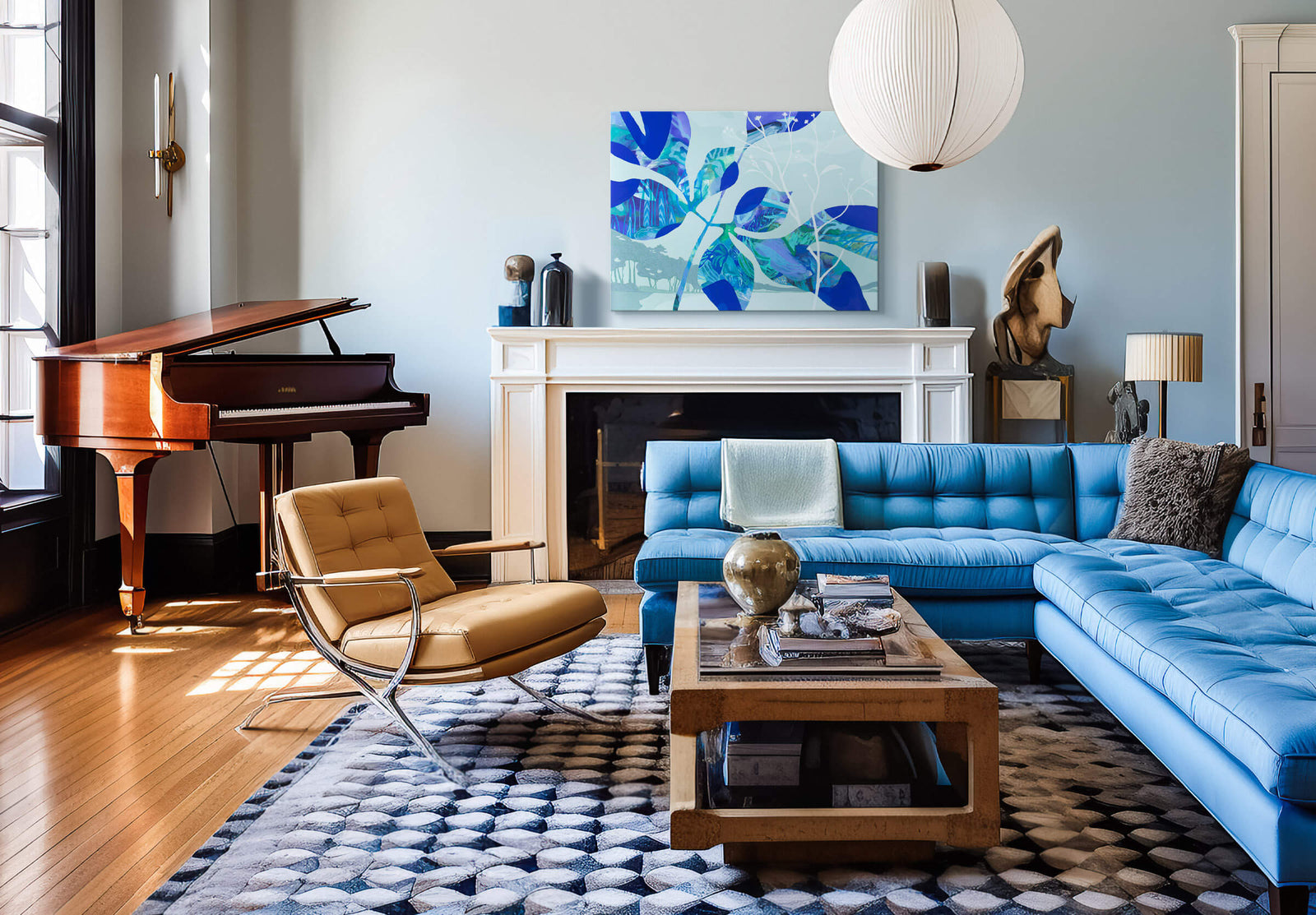 blue couch in living room interior design