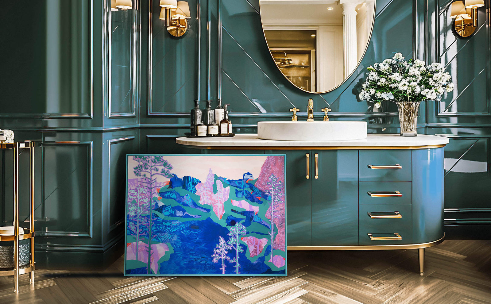 Hague blue bathroom with abstract modern art