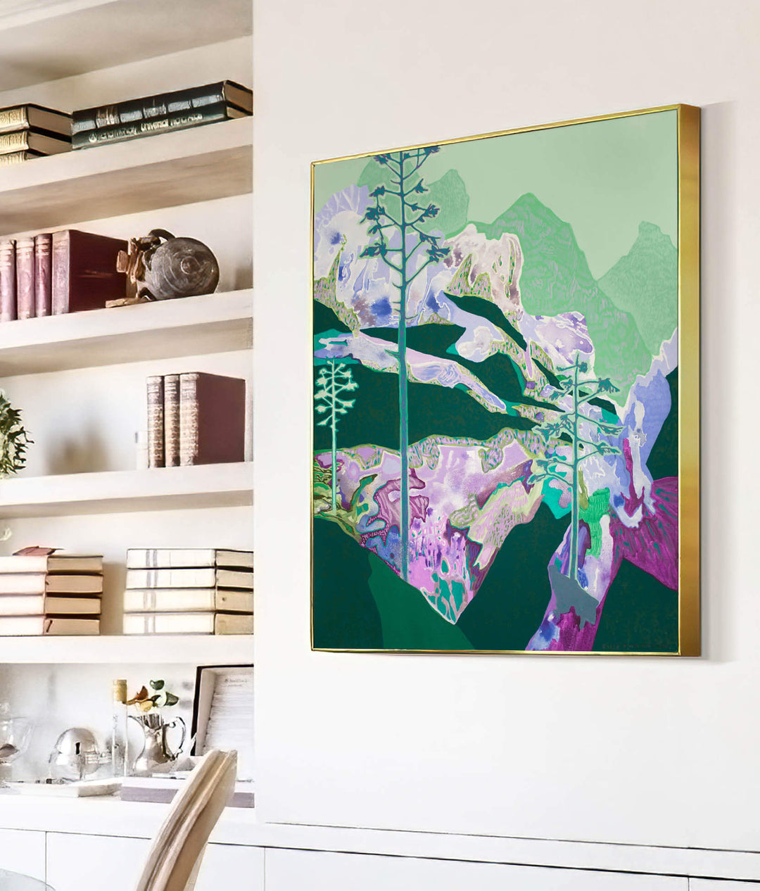 green and purple abstract mountain art in living room