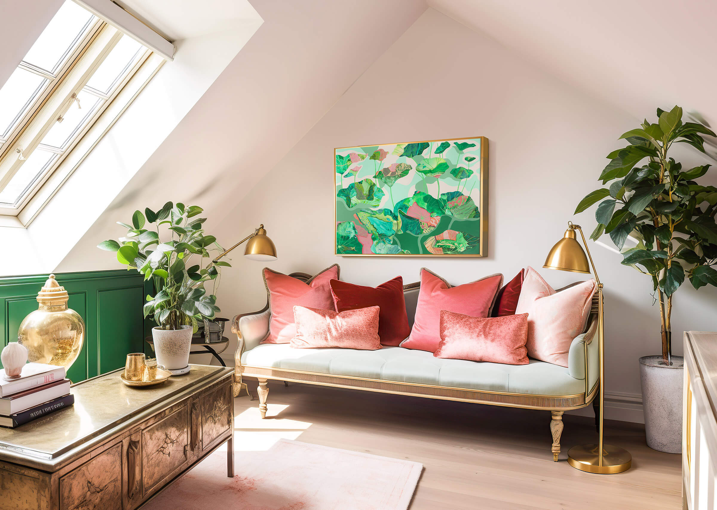 abstract painting in pink, coral, can green inside upper level of historic Paris apartment