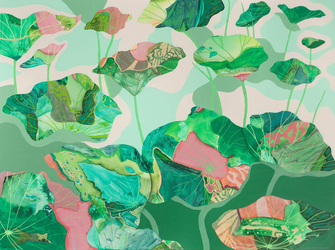 abstract water lilies painting in green and pink