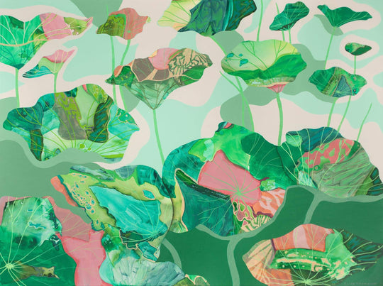 abstract water lilies painting in green and pink