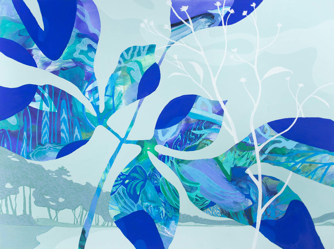 blue abstract art with botanical