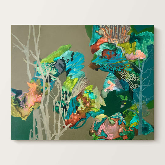 brown and teal abstract landscape painting on wall