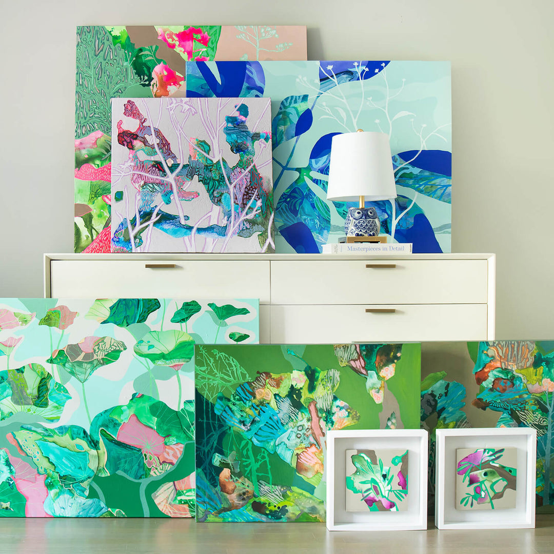 collection of abstract paintings for Dress the Room Charleston Gallery