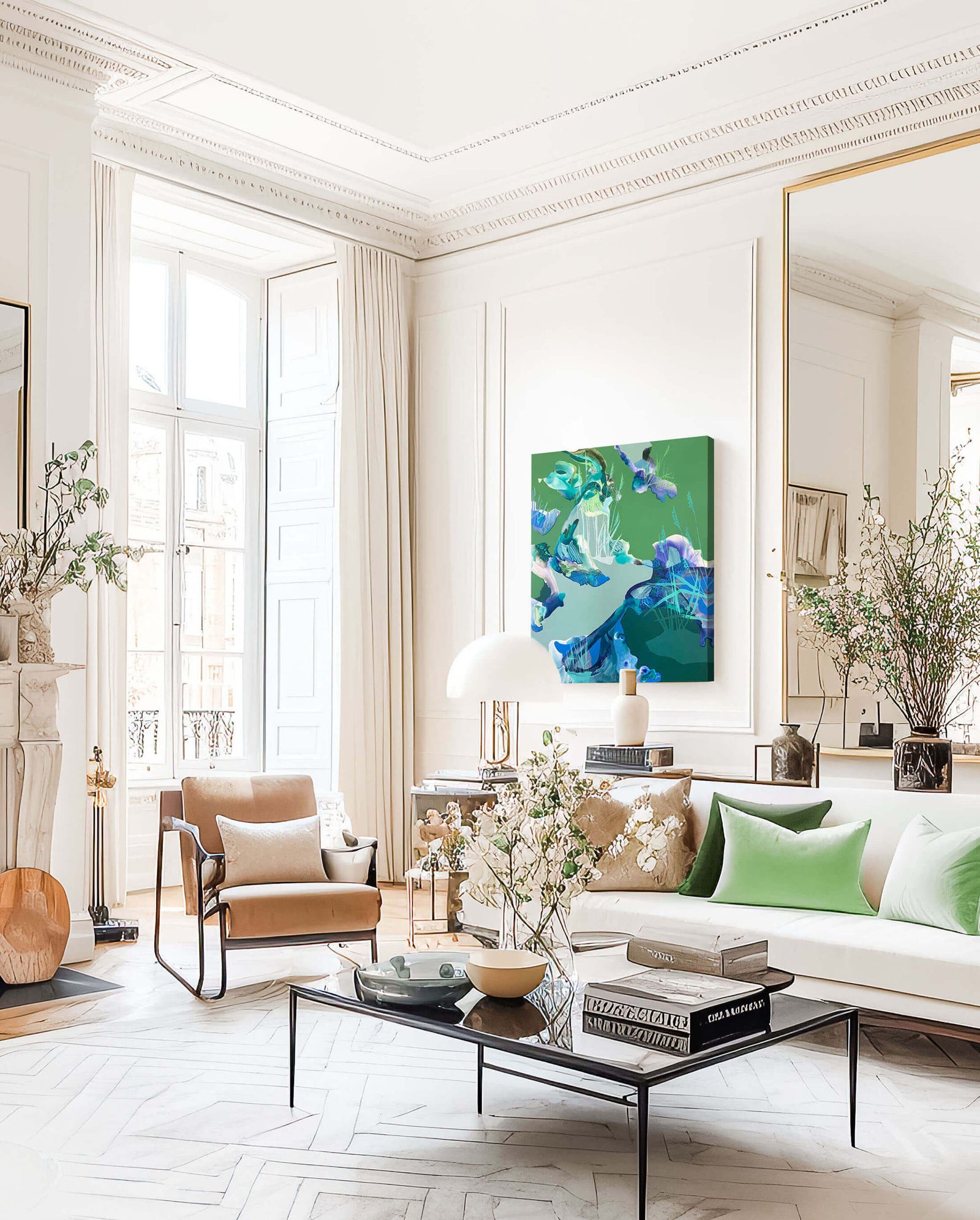 green abstract painting in elegant white living room