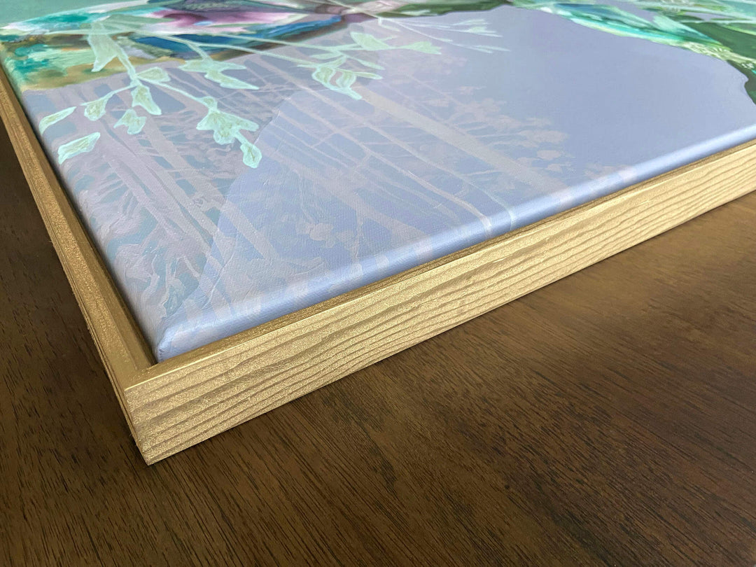 light green and lavender abstract landscape detail of frame