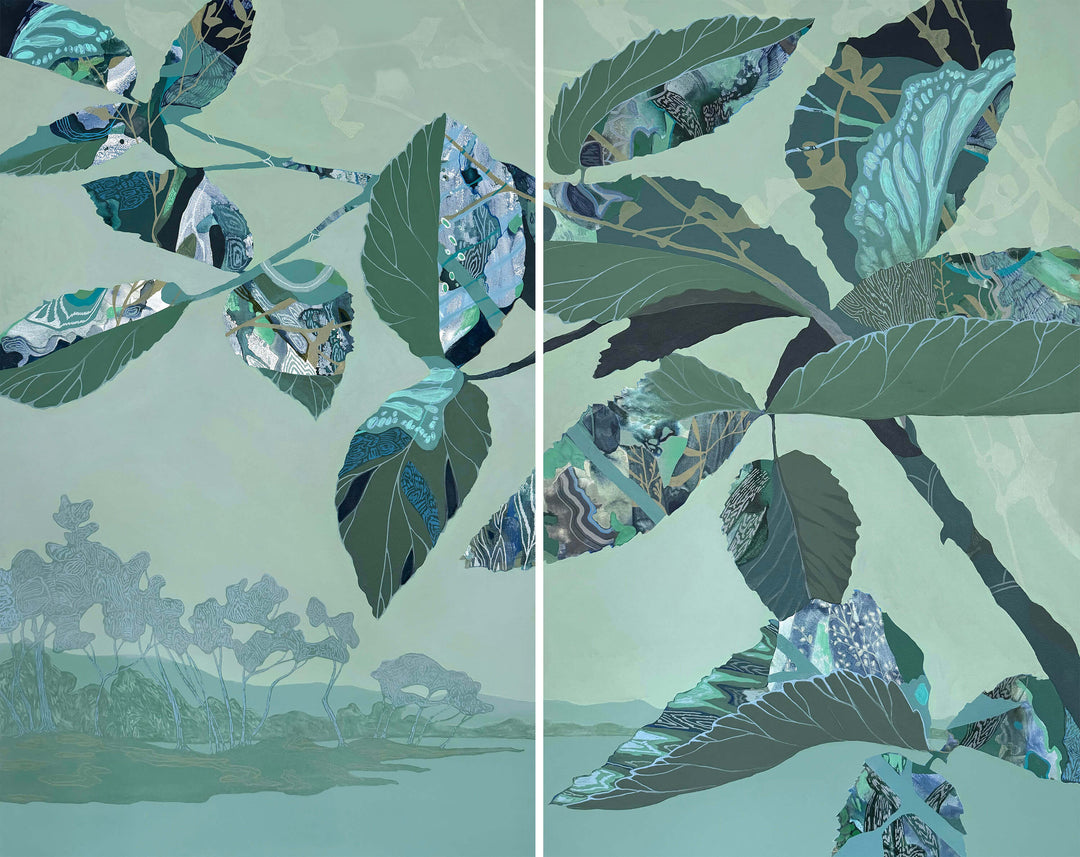 large botanical painting in muted blues and greens