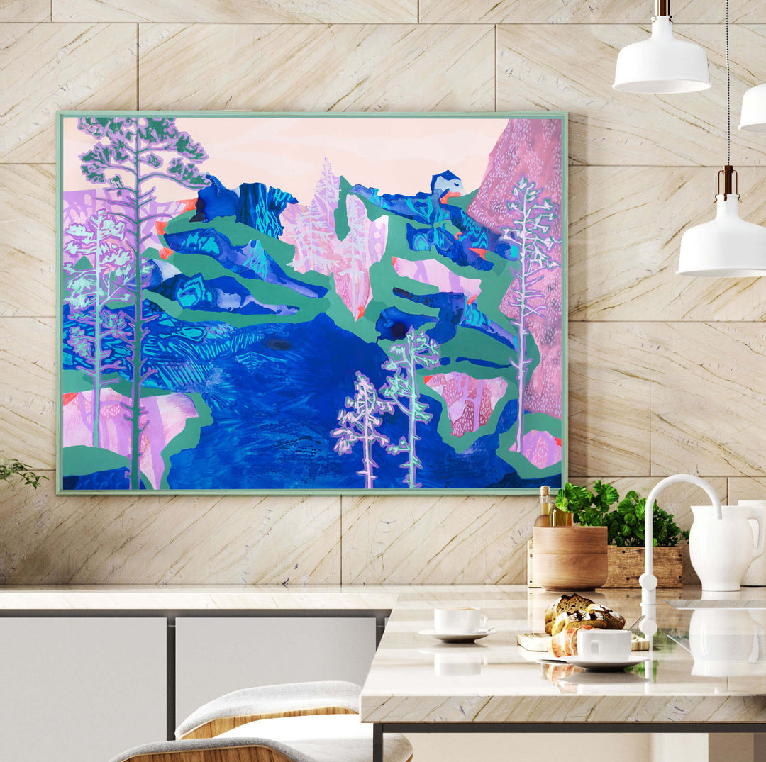 abstract mountain art in kitchen