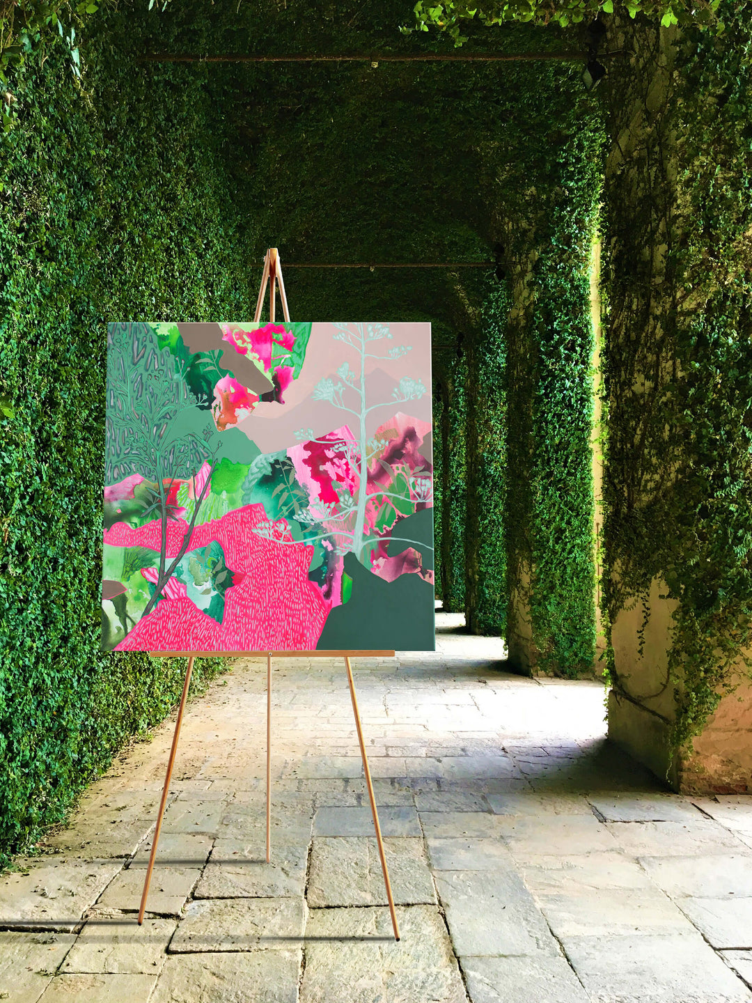 pink landscape in ivy-covered walkway