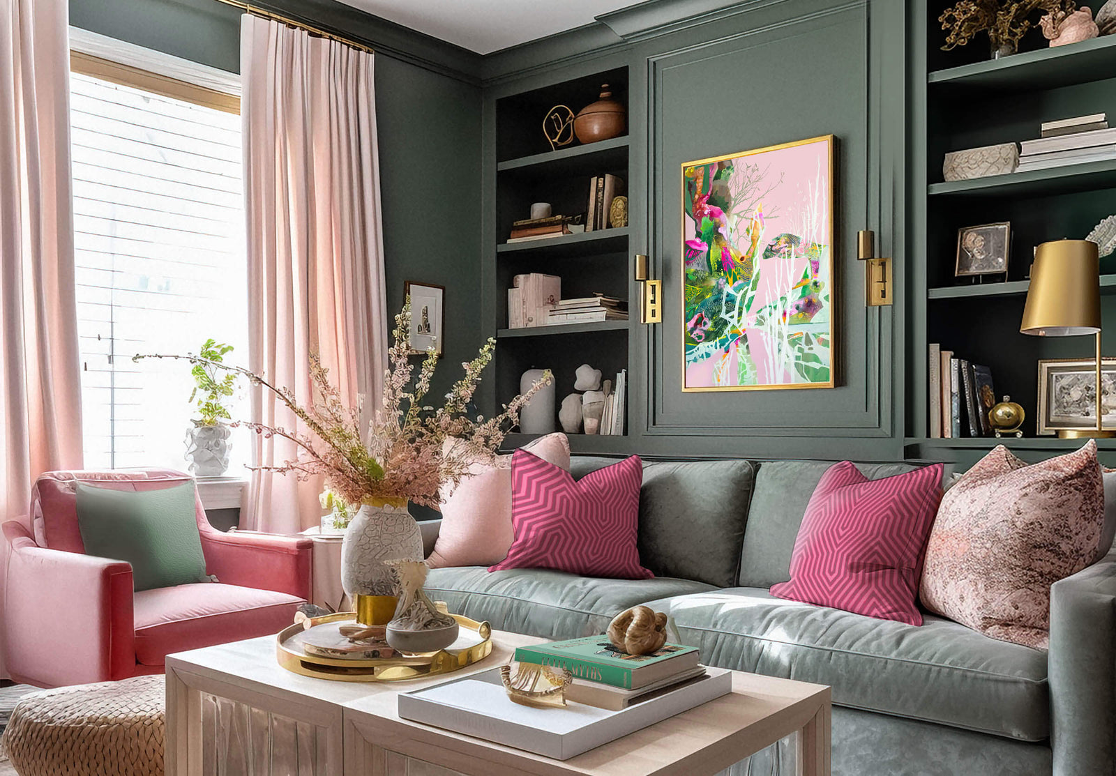 upscale living room in pink and green with abstract painting