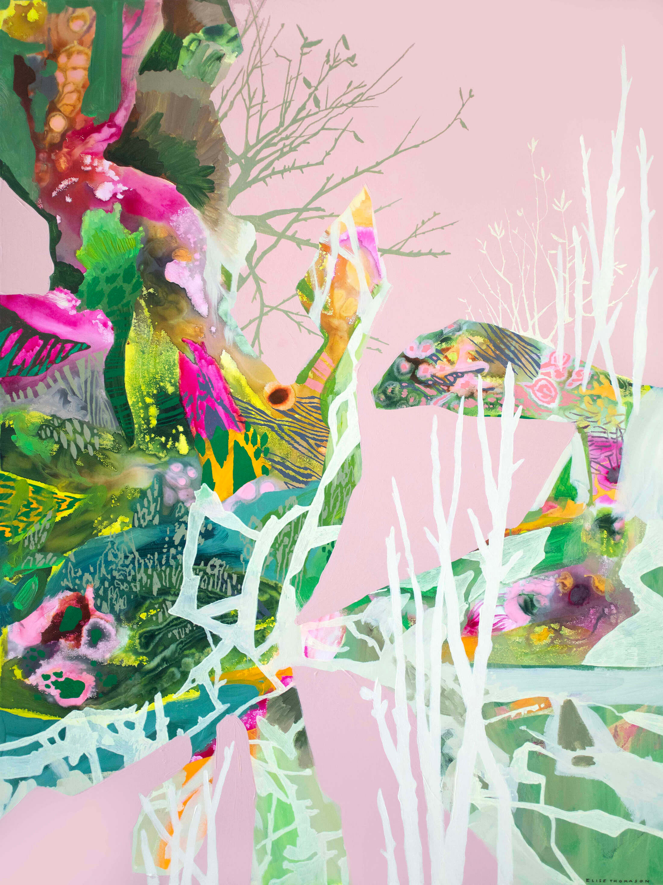pink abstract art with vivid colors and branches